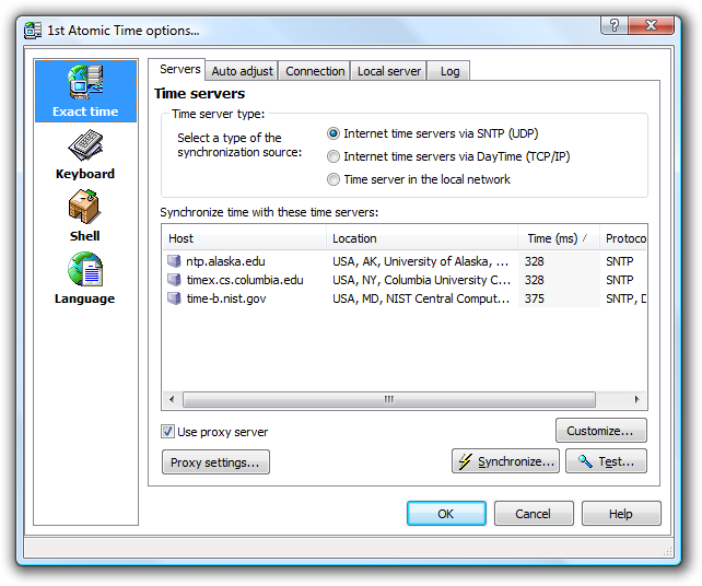 1st Atomic Time Options Dialog. Options are split into different sections. You may choose those sections on the left.