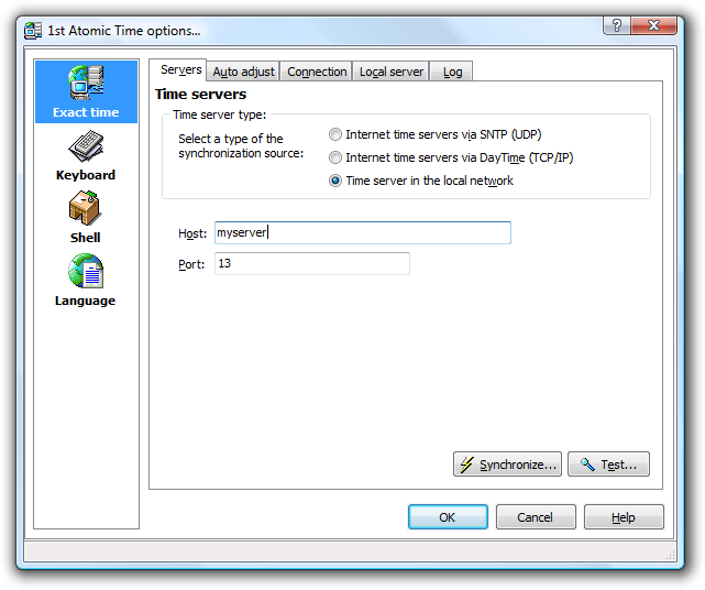 1st Atomic Time Options Dialog. Enter parameters of the local server.